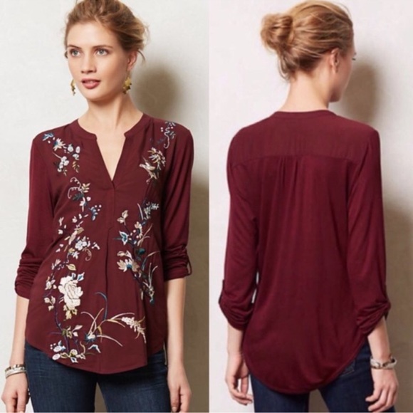 Anthropologie Tops - Anthro Tiny Maroon Chinoiserie Embroidered Top